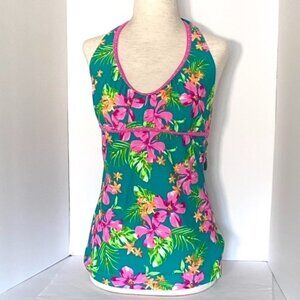 SO V Neck Halter Top Tankini Swimsuit Juniors Sz L Floral Pink Green Tropical